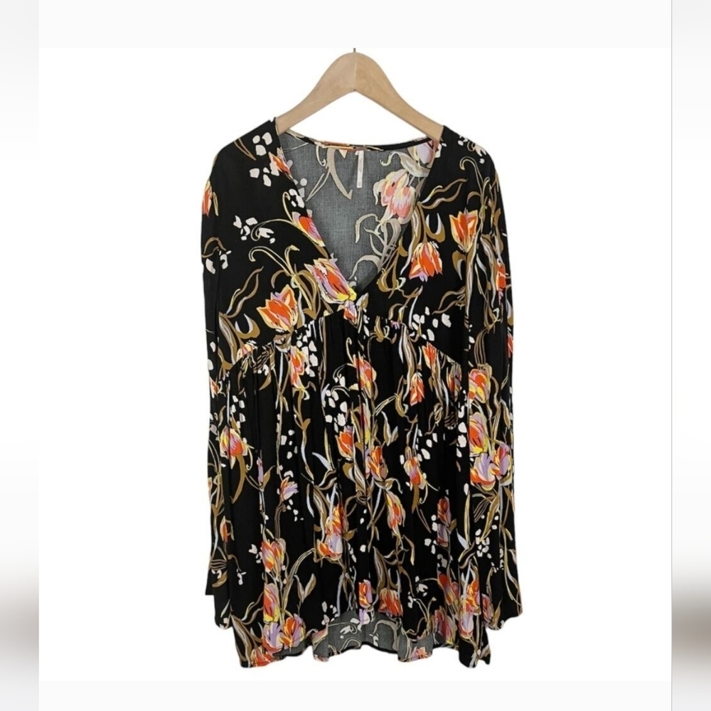Free People Bella Floral Bell Sleeve Boho Tunic Top Black XS